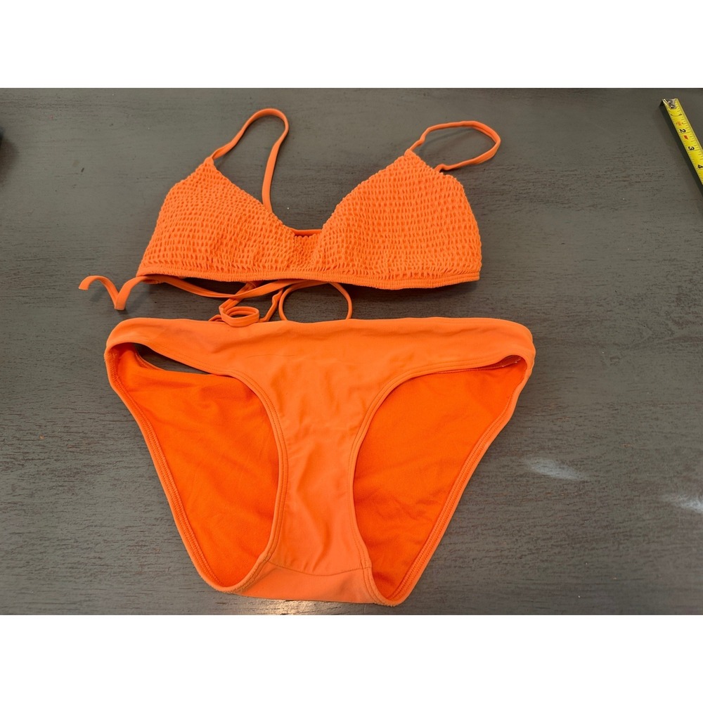 Hollister Swim Orange Smocked Triangle Bikini Set Small Hipster Bottoms